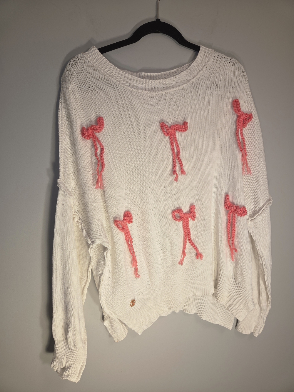 Simply Southern Cream Knit Sweater with Pink Bow Appliqués